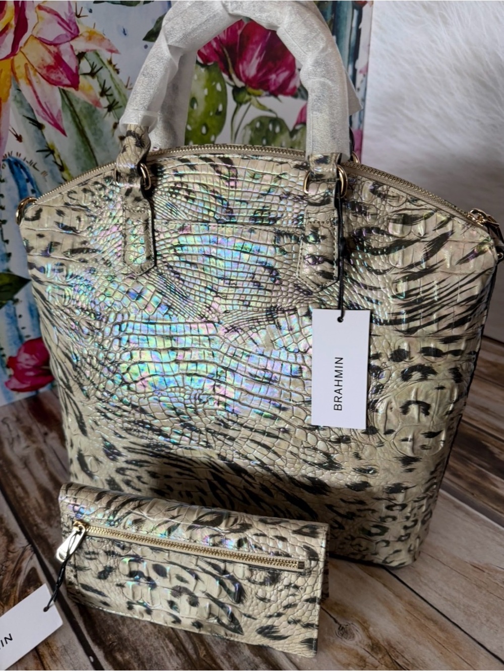 Last 1 NWT BRAHMIN LARGE DUXBURY OBSESSION Animal Print & Wallet Leopard Cheetah - Picture 4 of 16
